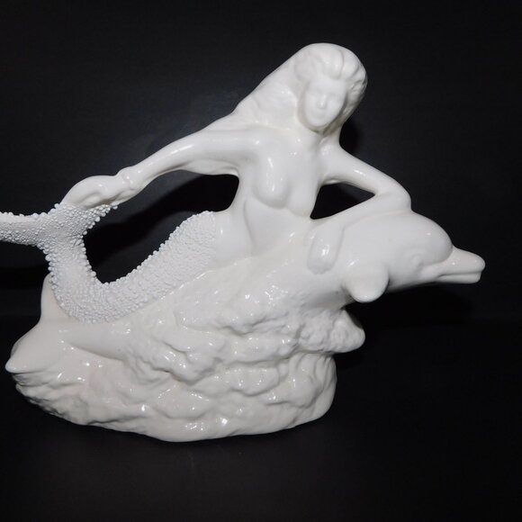 White Glazed Ceramic Mermaid Riding Dolphin Figurine Statue Home Decor - Picture 3 of 11